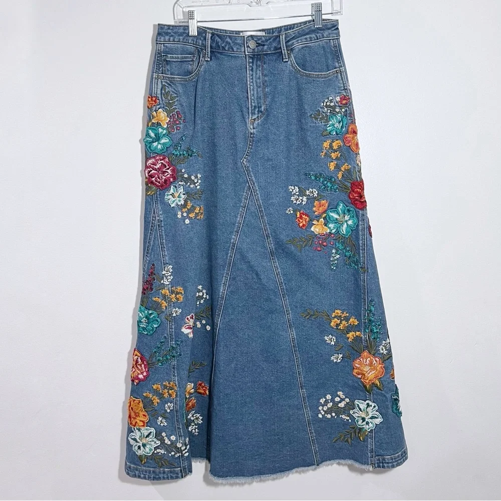 NEW Free People x Driftwood Embroidered Denim Maxi Skirt Size 29 - Picture 2 of 14
